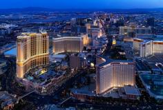 Extraordinary shot of the Las Vegas Strip with the Venetian and Treasure Island Hotels in the foreground