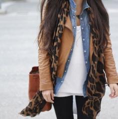 "Layers"....Leopard Print Scarf   Tan/Camel Brown Leather Jacket   Chambray / Denim Shirt   White Shirt   Black Leggings / Skinnies