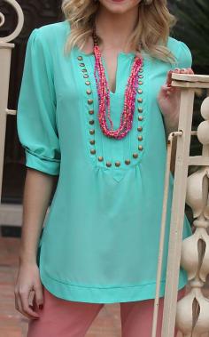 Turquoise & Bronze Stud Notch Neck Top