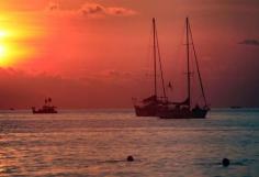 Traditional boats on sunset. Island Langkavi. Philippines