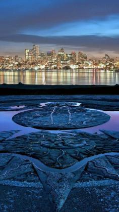 Seattle skyline, Washington. Across Lake Union from the Gasworks Park Sundial.