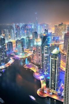 Aerial view of Dubai SKyline at twilight.