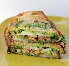 Panini with Anjou Pears, Brie, Caramelized Walnuts and Arugula Pesto Mayo. Looks so good!