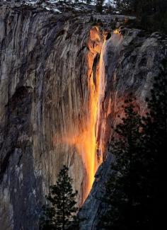 ~~Falls of Mordor ~ Every year, in the month of February, the sun's angle is such that it lights up "Horsetail Falls" in Yosemite National Park, California as if it were on fire by Nikhil Shahi~~