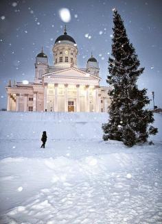 Snowing on Helsinki cathedral, Finland