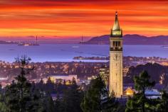 Dramatic sunset over San Francisco Bay and the Campanile