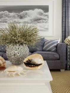 Clifford Ross' photograph of breaking waves against a blue and white fabric by John Robshaw serve as perfect updates to Estee's old sitting room. Photo Credit: Simon Upton. "Beauty At Home" Random House.