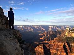 Absolutely amazing place to watch the sunrise. The north rim sits at a higher vantage point at an average elevation of 8000 feet, in a sub-alpine climate of blue spruce, Douglas fir, mountain ash, colorful lupines and grassland meadows. Surrounded by trees, greenery, colorful rock walls, breath taking! The north rim is more remote and I was told by a ranger that only 5% of the parks visitors come here. Beautiful lodge, fantastic campground... Discovered by Channing :) at North Rim, Arizona