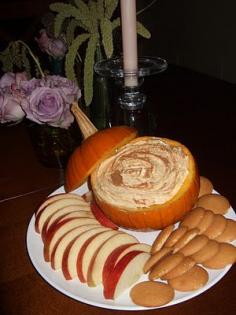 Pumpkin Dip! ~ can of pumpkin, vanilla pudding, cool whip, pumpkin pie spice ~ serve in a small pumpkin, garnish with a litte cinnamon, and serve with apple slices, vanilla wafers, ginger snaps, or cinnamon graham crackers