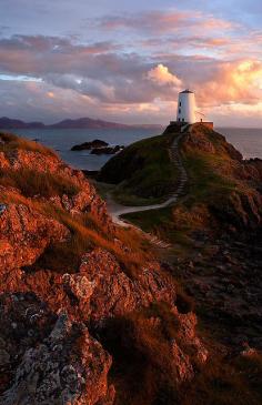 Llanddwyn lighthouse in evening light, North Wales