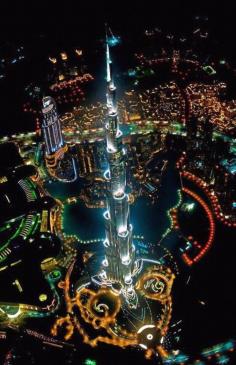 tallest building in the world from a helicopter at night #Travel