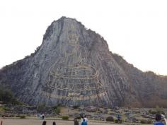 Line-etched buddha image in the cliff of Khao Chichan. It is said to be 130 meters high from the base to the top and 70 meters wide. Discovered by Softrock at Khao Chi Chan Buddha, Na Chom Thian, Thailand