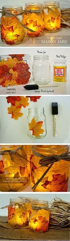 DIY Leaf Mason Jars #diy #craft #masonjar