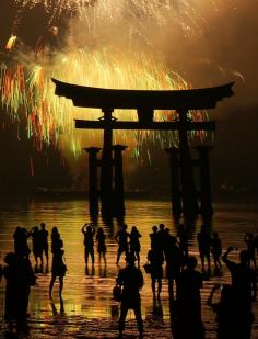 Fireworks at Itsukushima shrine, Hiroshima, Japan