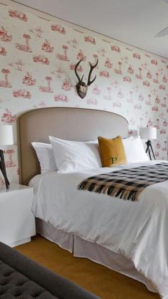 Tongue-in-cheek antique chic décor mixing plaids and nouveau toile. #California