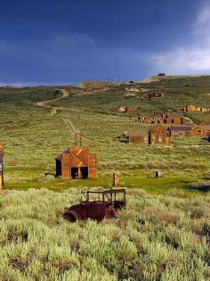 Afternoon light under stormy skies in Bodie State Historic Park, California.