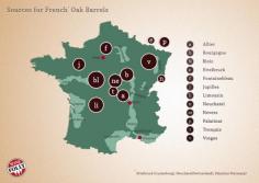 [Map] "Sources for French Oak Barrels" Jan-2013 by Winefolly.com - Most notably, well-made barrels from Alliers, Vosges and Tronçais command the highest prices (upwards of $ 4,000 per barrel). Limousin oak is more loose-grained making it more suited for Cognac, Armagnac, Sherry and whisky aging.