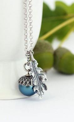 Peacock Blue Pearl Acorn Necklace With Antique