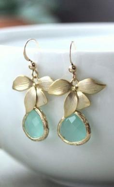 Gold Filled. A Matte Gold Orchid Flower Mint Opal Glass Framed Jewel Gold Filled Earrings