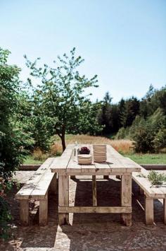 Outdoor dining area with a rustic farm house table and benches.