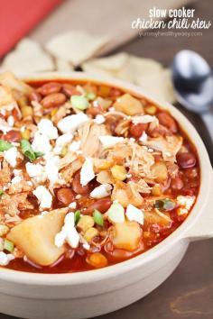 
                        
                            Yummy crock pot chicken chili stew with pinto beans, potatoes, corn, spices and topped with feta cheese. Easy prep and so delicious!
                        
                    