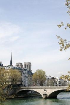 The Pont Louis-Philippe bridge across the Seine with Notre Dame and the Eiffel Tower in the distance