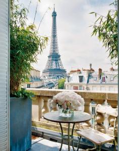 Paris apartment balcony with view of the Eiffel Tower.