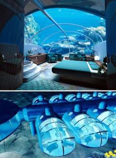 
                        
                            The Poseidon Resort in Fiji. You can sleep on the ocean floor, and you even get a button to feed the fish right outside your window.
                        
                    