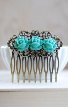 
                    
                        Blue Rose Hair Comb. Trio Blue Roses Brass Filigree
                    
                