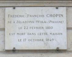 
                    
                        Sign on the facade of 12, Place Vendôme, now the jeweler CHAUMET, marking the place where CHOPIN died in 1849 at age 39.  ~ Plaque commémorative sur la façade de l'hôtel Baudard de Saint-James (actuelle joaillerie Chaumet), 12 place Vendôme, Paris 1er. « Frédéric-François Chopin, né à Żelazowa Wola (Pologne) le 22 février 1810, est mort dans cette maison le 17 octobre 1849.
                    
                