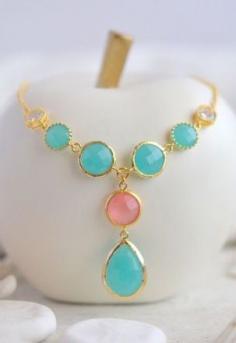 
                    
                        Turquoise and Coral Pink Jewel Pendant Statement Necklace in Gold
                    
                