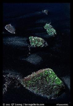 
                    
                        Mossy rocks and black sand, Punaluu black sand beach. Big Island, Hawaii, USA
                    
                