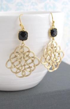 
                    
                        Jet Black Gold Plated, Gold Chandelier Filigree Earrings
                    
                