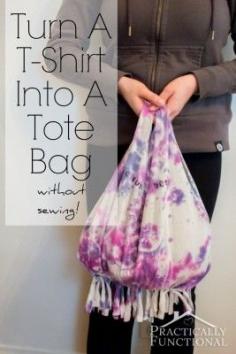 
                    
                        Turn an old t-shirt into a tote bag without sewing in just a few minutes! This tutorial will show you how, so easy!
                    
                