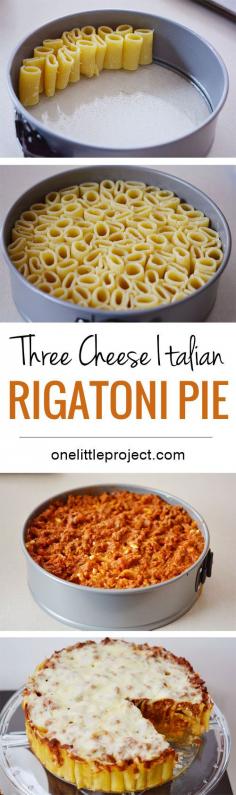 
                    
                        How fun is this?  Stand up rigatoni noodles in a spring form pan and suddenly you have rigatoni pie, a fun and totally different way to serve pasta when you are in a slump!
                    
                