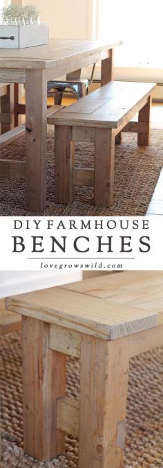 
                    
                        Learn how to build an easy DIY Farmhouse Bench - perfect for saving space in a small dining room! Details at LoveGrowsWild.com
                    
                