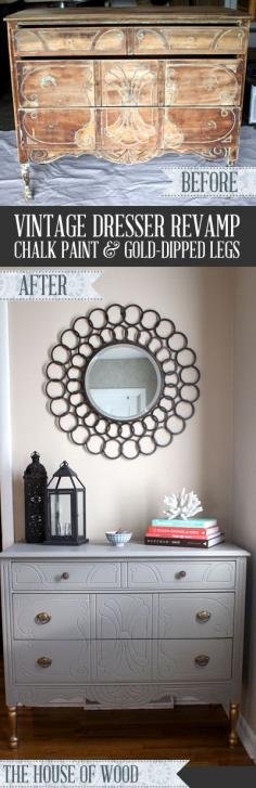 
                    
                        Craigslist Dresser Revamp - Annie Sloan chalk paint in French Linen with gold-dipped legs.
                    
                