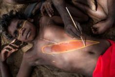 
                    
                        Photograph by Amy Toensing / A Djinang boy in Gatji is painted with the totemic figure of the catfish to celebrate the homecoming of an ancestor’s remains. Since 1990 the remains of more than 1,100 Aboriginals have been repatriated to Australia.
                    
                