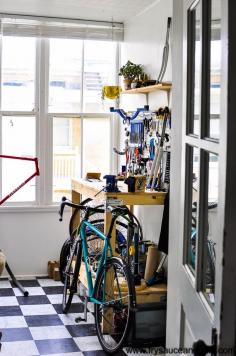 
                    
                        Bike Repair Shop in Simplistic Modern Salt Lake Apartment Beautiful Attainable Home Tour from Fry Sauce & Grits - FrySauceandGrits.com
                    
                