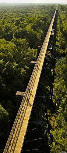 
                    
                        HIGH BRIDGE TRAIL STATE PARK – Virginia This is is a 31 mile long multi-use trail in Central Virginia ideally suited for hiking, bicycling and horseback riding. The trail, once a rail bed, is wide, level and generally flat and covered with finely crushed limestone. The surface and dimensions make it easy for all ages and abilities to enjoy it. Its centerpiece is the majestic High Bridge, which is 2,422 feet long and 125 feet above the Appomattox River.
                    
                