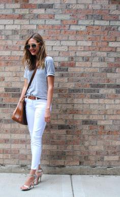 white denim done right. Grey tee.