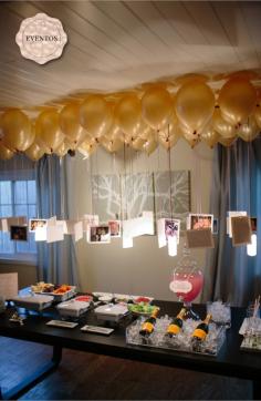 Photos hanging from balloons to create a chandelier- great for bridal showers, going away parties and birthdays! Photo Balloons--such a cute idea for an anniversary party or milestone bday.