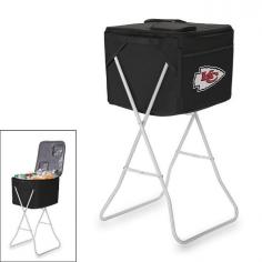 Kansas City Chiefs party cooler with stand. This Chiefs cooler is the lightweight, soft-sided portable party cooler that comes with a removable, collapsible stand so your drinks and/or snacks are accessible at a comfortable height. It comes with a removable, water-resistant interior divider that allows you to divide the cooler into two sections, each with its own access. Separate food from drinks or beverages by type. In the event there's no shade, you can insert a standard sized umbrella (not included) into the integrated slot to keep the cooler out of the sun. This cooler and stand can be used for backyard parties or as a refreshment stand at your child's soccer games. All licensed products have been approved by the team; however, Picnic Time is considered a designer line. The product color may not be an exact match to the team color.