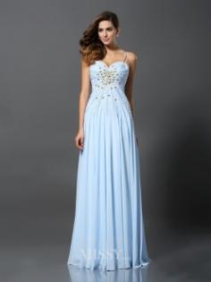 A-Line/Princess Sleeveless Spaghetti Straps Chiffon Sweep/Brush Train Prom Dresses with Beading