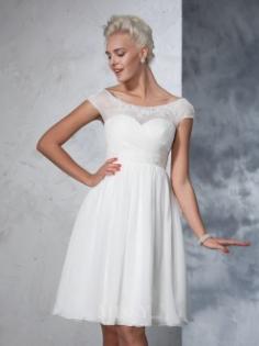 A-Line/Principessa Corto Sleeves Sheer Neck Chiffona Al ginocchio Abiti da sposa con Increspato