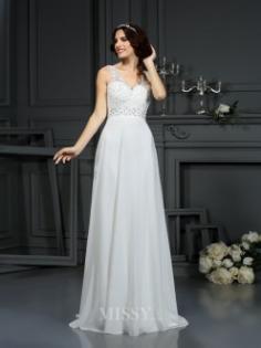 A-Line/Princess V-neck Sleeveless Sweep/Brush Train Lace Chiffon Wedding Dresses