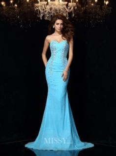 Sheath/Column Sweetheart Sleeveless Court Train Chiffon Prom/Evening Dresses with Beading