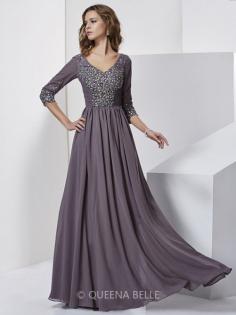 Sheath/Column V-neck Floor-Length 3/4 Sleeves Chiffon Beading Dresses