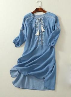 Round Neck Button Placket Denim Dress