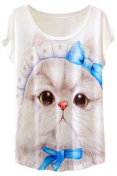 Cute Cat Pattern Cap Sleeve Loose Fit Tee OASAP.com